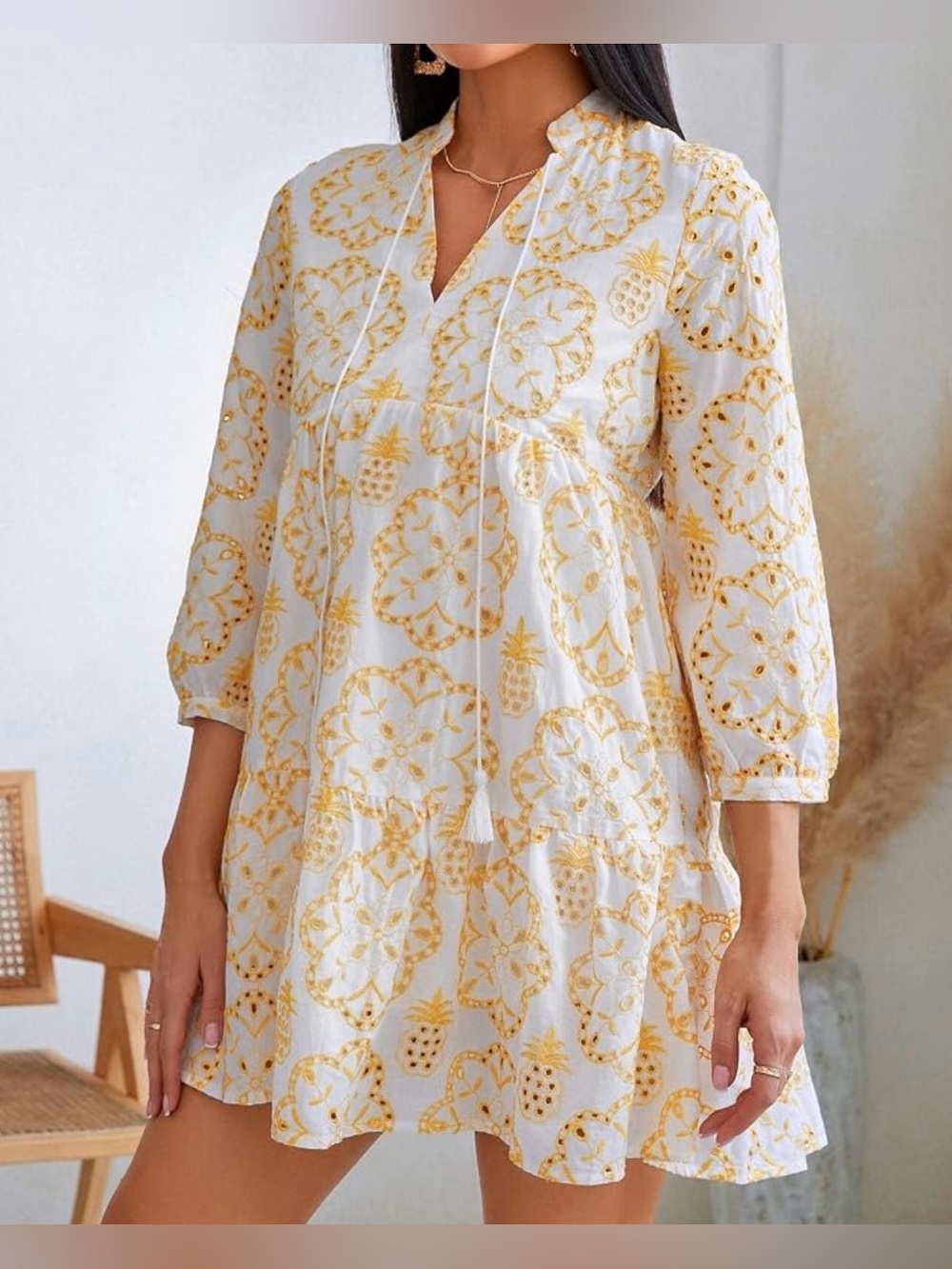 White & Yellow Pineapple Print Embroidered Tunic Dress